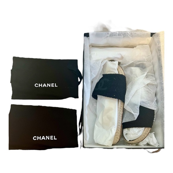 Chanel Interlocking CC Espadrille Tweed and Grosgrain Black Slide Sandal size 35 - Picture 7 of 16